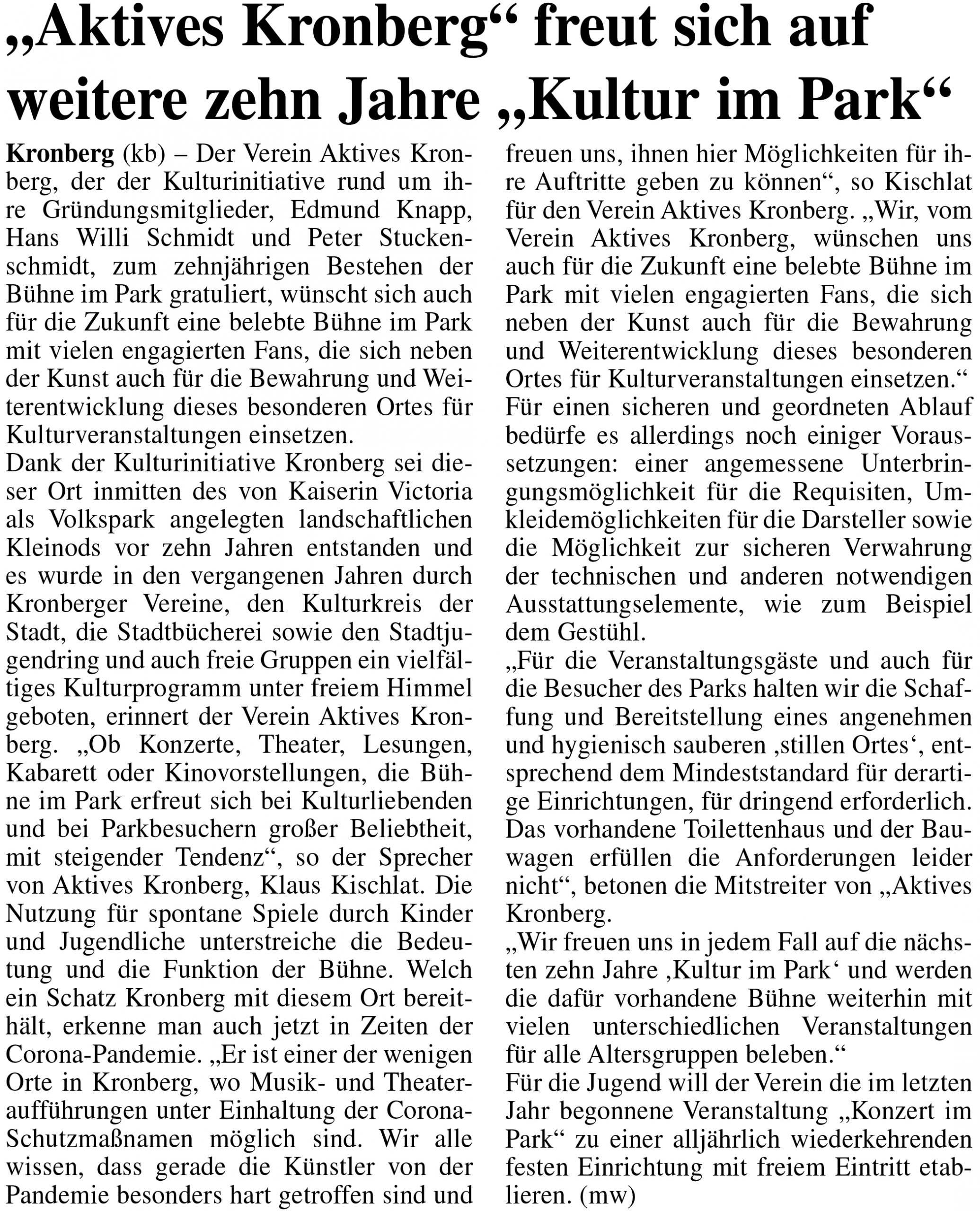 KB 210512 - Aktives Kronberg freut sich auf weitere 10 Jahre Bühne im Park